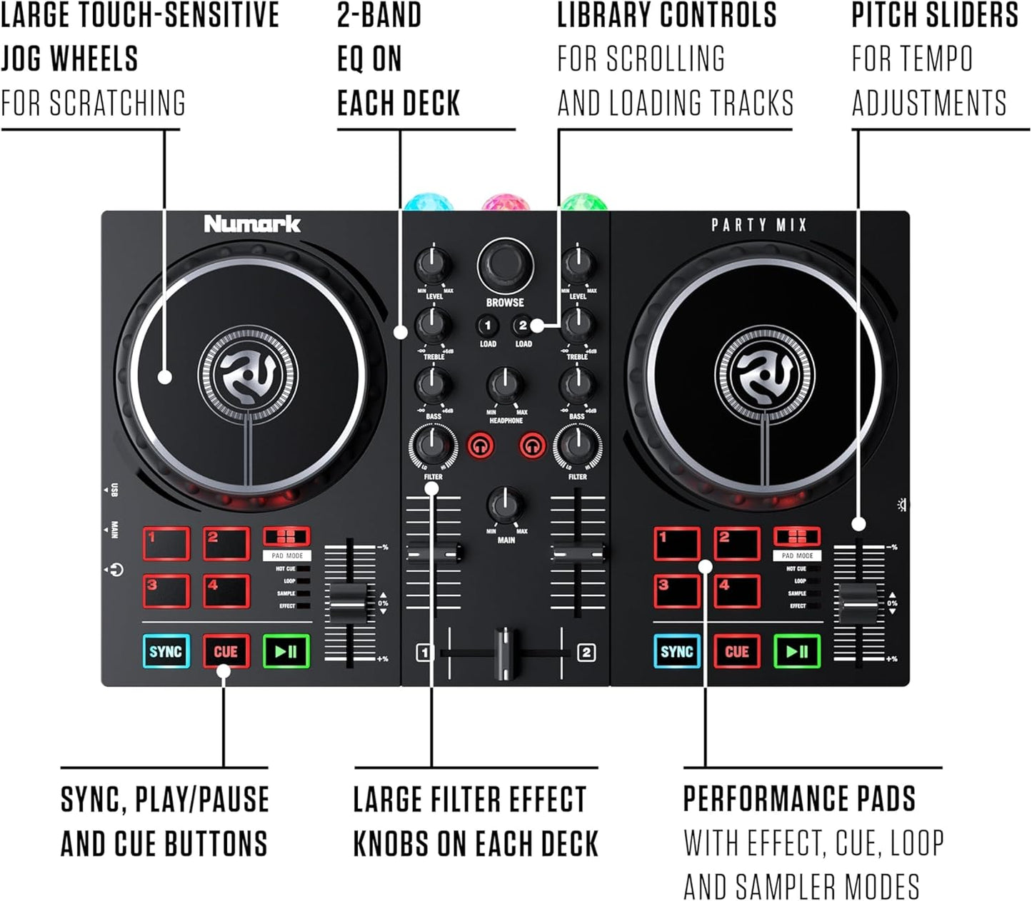Numark Party Mix DJ Controller with Lights 2 Decks Mixer