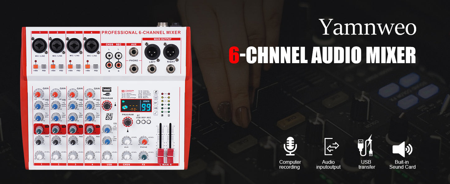 MW-6 6 Channel Professional DJ Audio Mixer, Portable Controller Mixer with DSP 99 Preset Effects for Live Streaming, Podcasting, Family Party (mw-6 white)