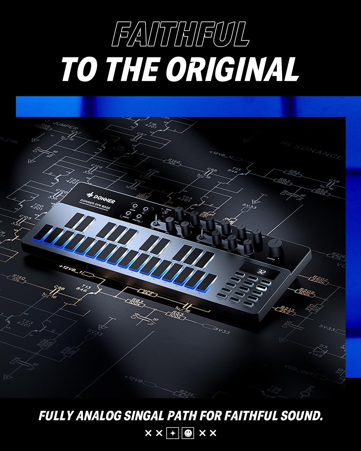 Donner Analog Bass Synthesizer and Sequencer, Donner Essential B1 with Intuitive User Interface.