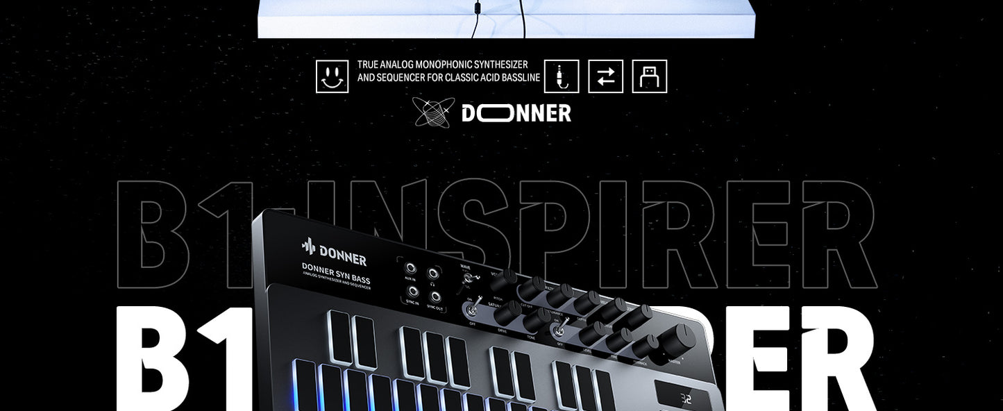 Donner Analog Bass Synthesizer and Sequencer, Donner Essential B1 with Intuitive User Interface.